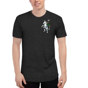 BJNC heather-charcoal t-shirt with the unicorn rider on the chest